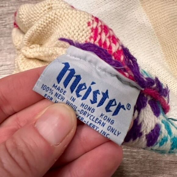 Vintage 70s  Meister Nordic Alpine 100% Wool Colorful Winter Pom Pom Hat Toque - Picture 5 of 11